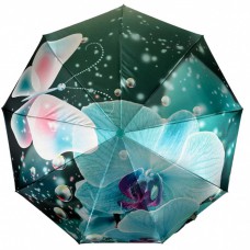 Женский зонт полуавтомат на 9 спиц сатиновый купол с цветочным принтом от Frei Regen, бирюзовая ручка, 09081-4