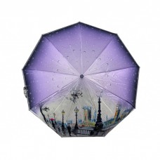 Жіноча автоматична парасолька на 9 спиць від Frei Regen із принтом міста сатиновий купол, бузкова ручка, 09074-5