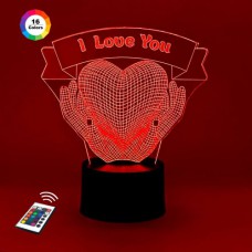 3D нічник "Серце 3" подарункова упаковка + 16 кольорів + пульт ДК 3DTOYSLAMP