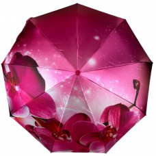 Жіноча парасолька напівавтомат на 9 спиць сатиновий купол із квітковим принтом від Frei Regen, рожева ручка, 09081-1