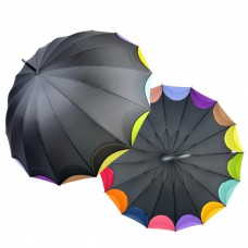 Жіноча парасолька-тростина напівавтомат на 16 спиць від Susino з різнокольоровими краями, чорна, Sys 031087-2